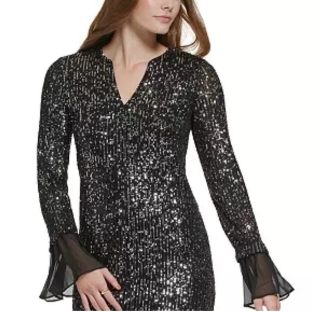 CALVIN KLEIN Womens Sequined Chiffon-Trim Sheath Dress in Black (6)